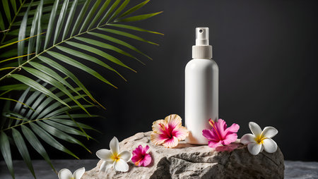 Beautiful spa composition with tropical flowers and cosmetic bottle on stone against dark backgroundの素材