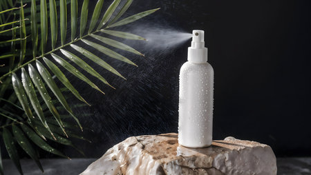 cosmetic spray bottle on stone with palm leaf on black background.の素材