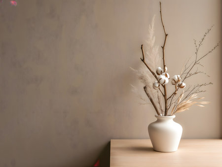 Vase with dried flowers on wooden table near wall. Interior designの素材