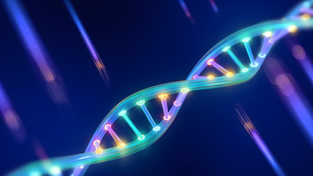 DNA strand with glowing lights on dark background. 3D illustration.の素材