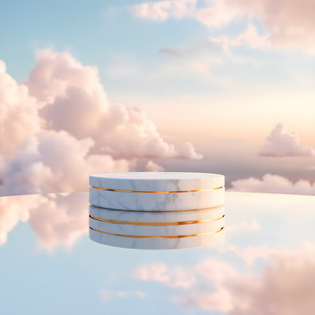 White marble podium on the background of the sky with clouds. 3d renderingの素材