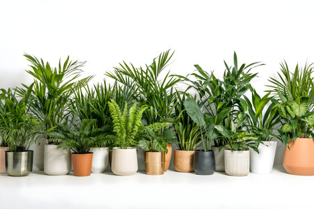 Variety of houseplants in pots on a white background.の素材