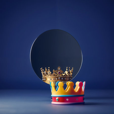 Crown with mirror on blue background. 3d render illustration.の素材