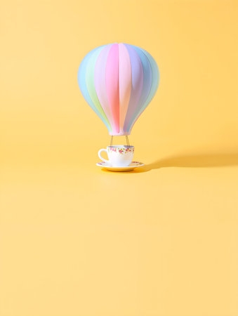 Hot air balloon with cup on yellow background. Minimal concept.の素材