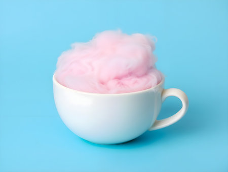 Cotton candy in a white cup on a blue background with copy spaceの素材