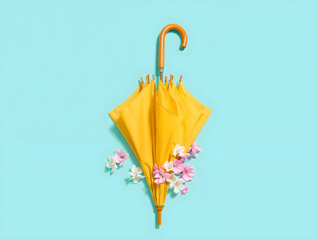 Yellow umbrella with spring flowers on blue background. Flat lay, top viewの素材