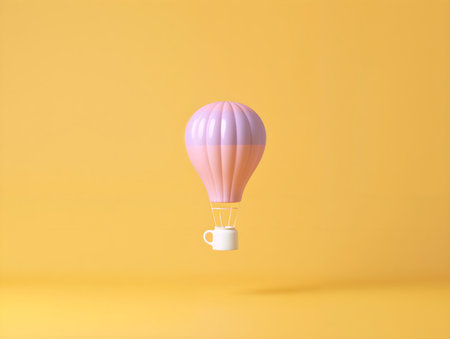 Hot air balloon floating on yellow background. Minimal concept. 3D Renderingの素材