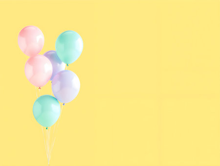Bunch of colorful balloons on yellow background with copy space for textの素材