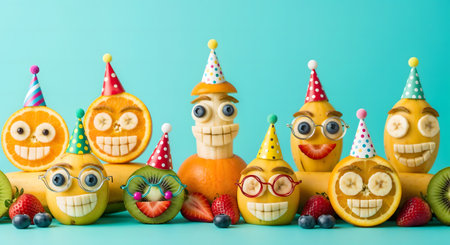 Funny fruit character for birthday party on blue background. Funny food concept.の素材