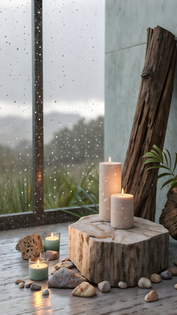 Burning candles on wooden stand in front of window with rain dropsの素材