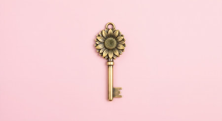Golden key with sunflower on pink background. Minimal concept.の素材