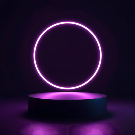 Glowing neon circle on a dark background. 3d rendering.の素材