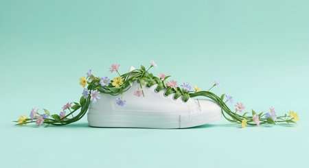 White sneaker decorated with flowers on pastel background. Minimal conceptの素材