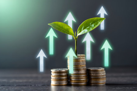 Investment concept, Coins graph stock market with green arrow and plantの素材