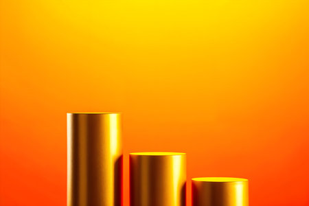 3d render of golden cylinder podium on orange background. Minimal style.の素材