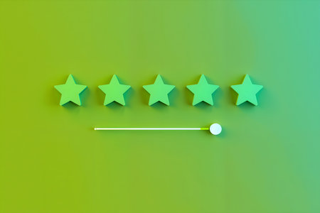 Five stars rating on a green background. 3D illustration. Top view.の素材