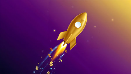 Vector illustration of a rocket on colorful background with stars and numbers.の素材
