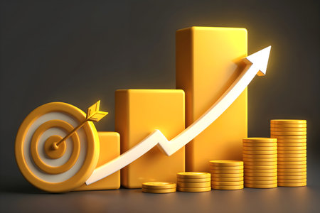 3d illustration of gold graph with arrow and target over grey backgroundの素材