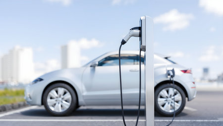 Electric car being charged on an electric car charging station with a blue sky in the backgroundの素材