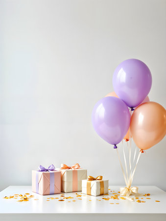 Gift boxes and colorful balloons on a white table against a gray wallの素材
