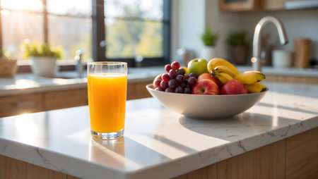 Glass of orange juice and fresh fruits on table in kitchen at homeの素材