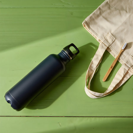 Bottle of water, bamboo toothbrush and bag on green wooden backgroundの素材
