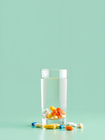 Pills and a glass of water on a green background. Copy space.の素材