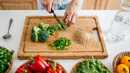 Young woman in the kitchen at home preparing a meal. Healthy meal.の素材
