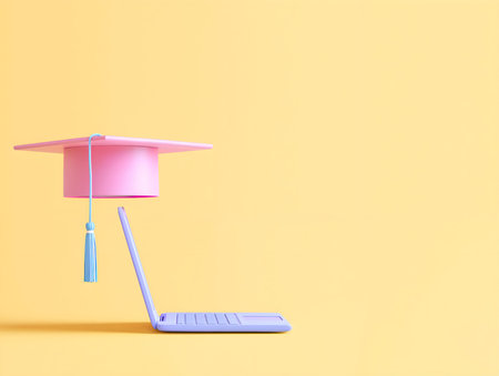 Graduation cap on laptop isolated on yellow background. 3d renderの素材