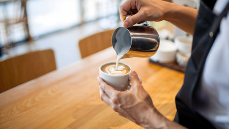Barista making latte art coffee in coffee shop, stock photoの素材