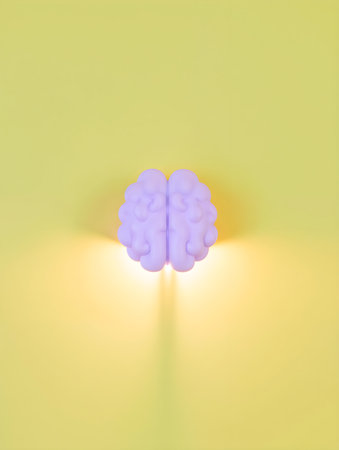 Creative idea concept - 3D render of human brain with glowing candle on yellow backgroundの素材