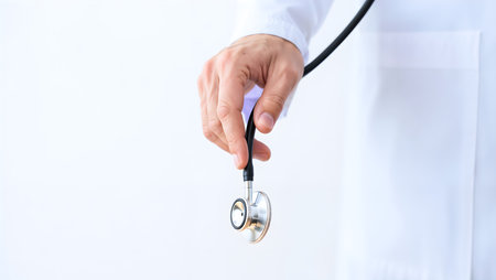 Doctor holding a stethoscope on white background, close-upの素材
