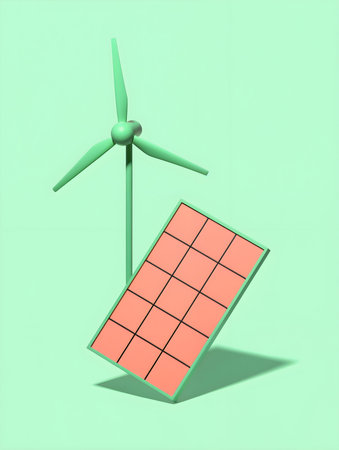 3d rendering of solar panel and wind turbine on green background.の素材