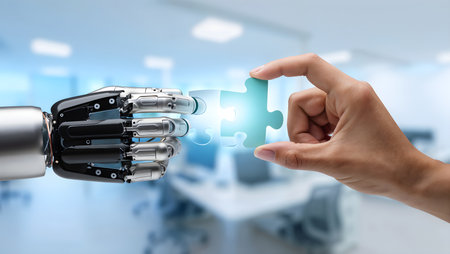 Human hand connecting with jigsaw puzzle piece. 3d rendering.の素材