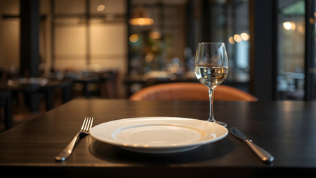 Empty plate and glass of white wine on wooden table in restaurant.の素材