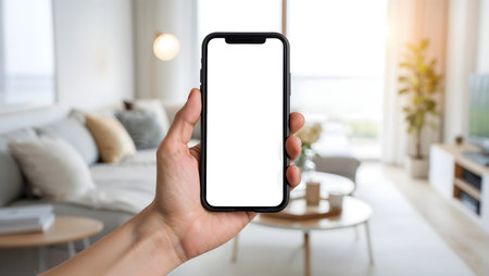 Mockup image of a hand holding black mobile phone with blank white screen in modern living roomの素材