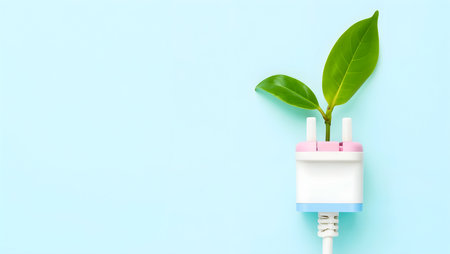 Green energy concept with plug and plant on blue background top view mockupの素材