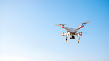 Drone with digital camera flying in the blue sky. 3D renderingの素材