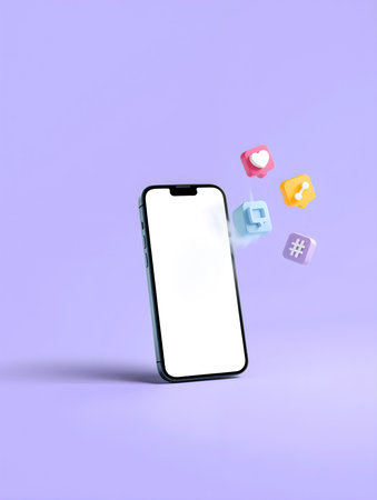 Smartphone with white screen and colorful application icons flying on purple background.の素材