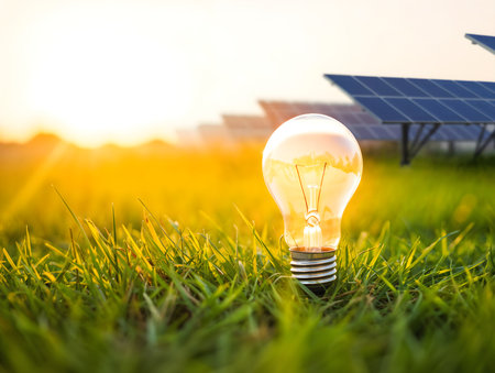 Light bulb on green grass with solar panel background, energy saving conceptの素材