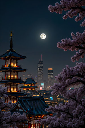 Cherry blossom and full moon at night in Tokyo, Japanの素材