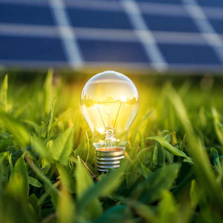 Light bulb on green grass with solar panel background. Alternative energy conceptの素材