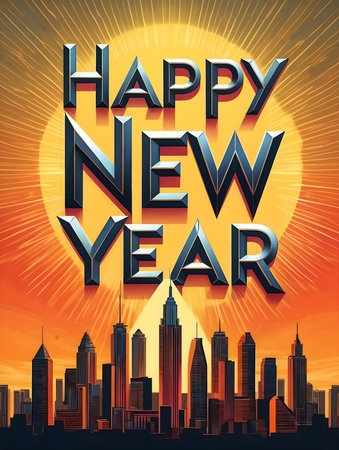 Happy New Year greeting card with sun and skyscrapers. Vector illustration.の素材