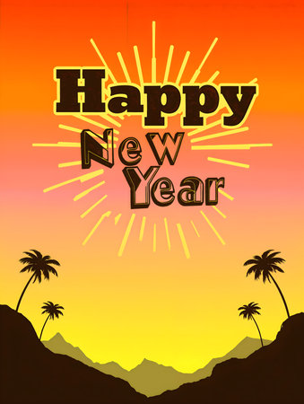 Happy new year card with palm tree and lettering. Vector illustration.の素材