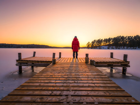Woman standing on a wooden pier and looking at a beautiful sunset in winterの素材