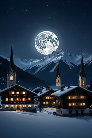 Night view of a small village in the Swiss Alps at night.の素材