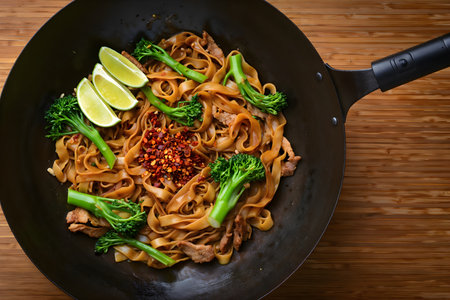 Fried noodles with beef and vegetables in a frying pan on wooden backgroundの素材