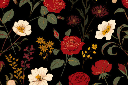Seamless pattern with red roses on black background. Vector illustration.の素材