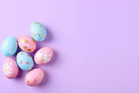 Colorful Easter eggs on violet background. Top view with copy spaceの素材