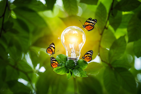 Idea concept with light bulb and group of butterflies on green leaf backgroundの素材